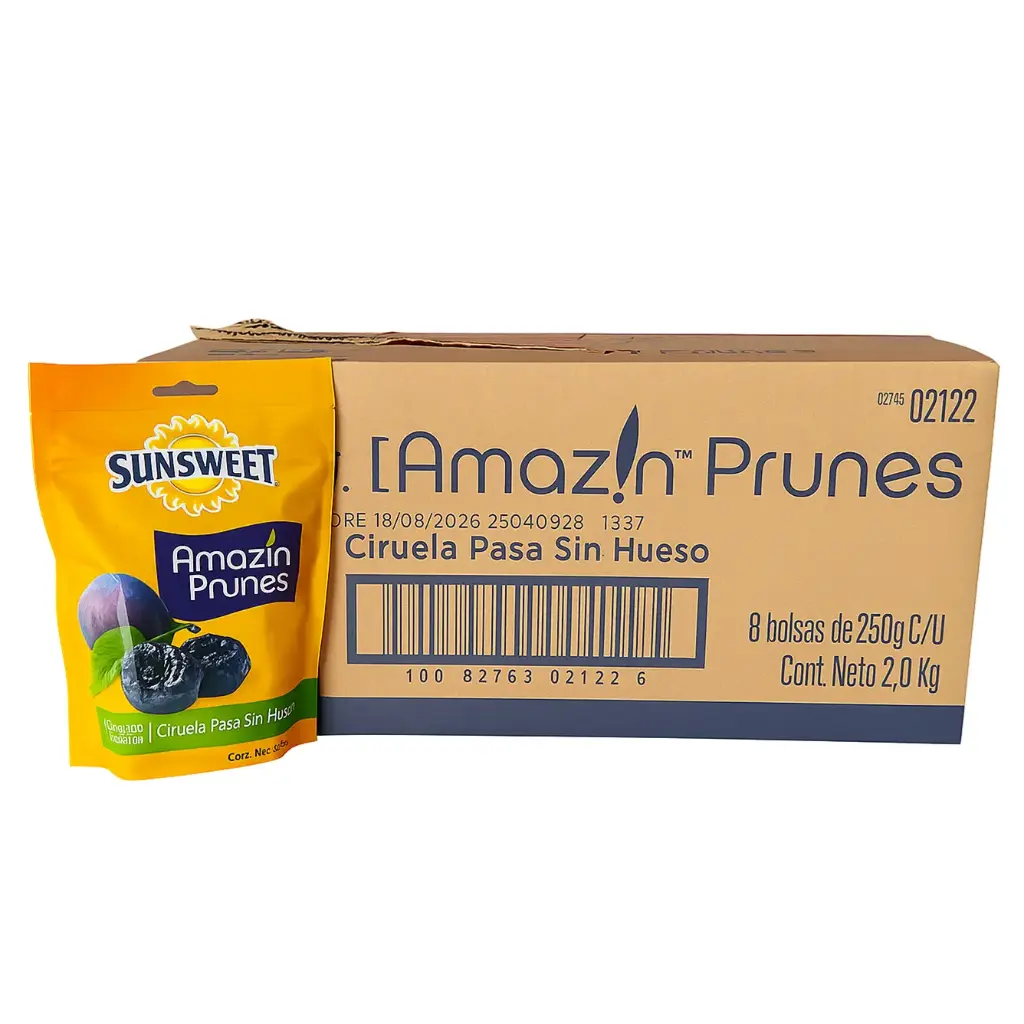 Amaz!n Pitted Prunes | Sunsweet® | No Sugar Added | Size 40/50 | California | C-CTN 2Kg | 8 ZipBags 0.55LB                                                                              
